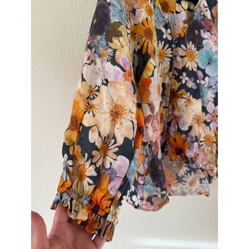 Maeve Moxy Collective Womens Floral Linen Blend Blouse Long Sleeve V-Neck Size S - Picture 5 of 7